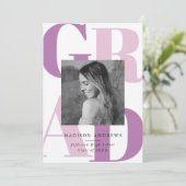 パープルはっきりしたグラードタイポグラフィ写真卒業パーティー 招待状 (スタンド正面)