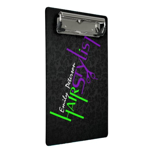 パープルはっきりしたグリーンとブラック美容師文字 ミニクリップボード (アングル)
