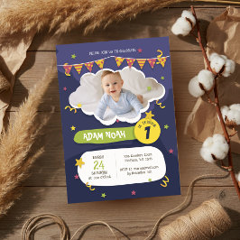 パープルはっきりしたグリーン紙吹雪1stバースデーフォト 招待状