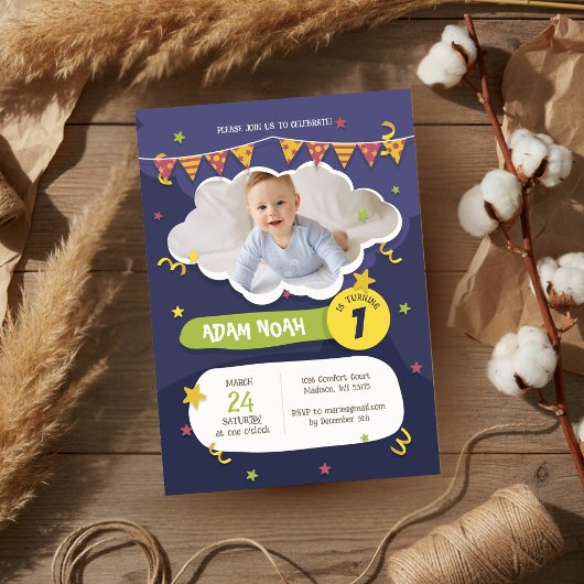 パープルはっきりしたグリーン紙吹雪1stバースデーフォト 招待状