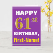 パープルはっきりした、フェイク金ゴールド61番目の誕生日(名前カード付き) カード (黄色い花)