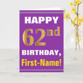 パープルはっきりした、フェイク金ゴールド62番目の誕生日(名前カード付き) カード (黄色い花)