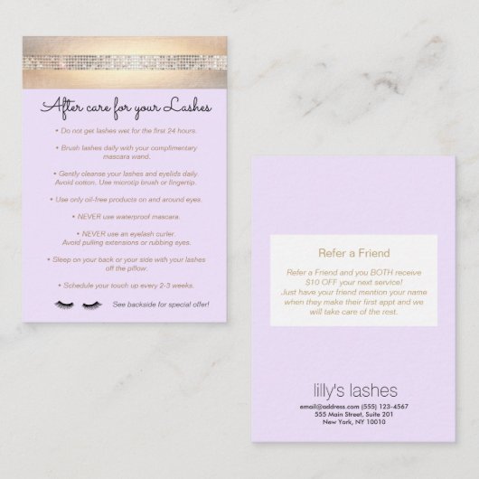 パープルまつげエクステンションアフターケアの手順 紹介カード (正面/裏面)
