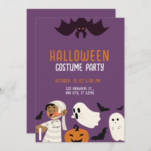 パープルよくはしゃぐハロウィーンの衣装パーティー 招待状 (正面/裏面)
