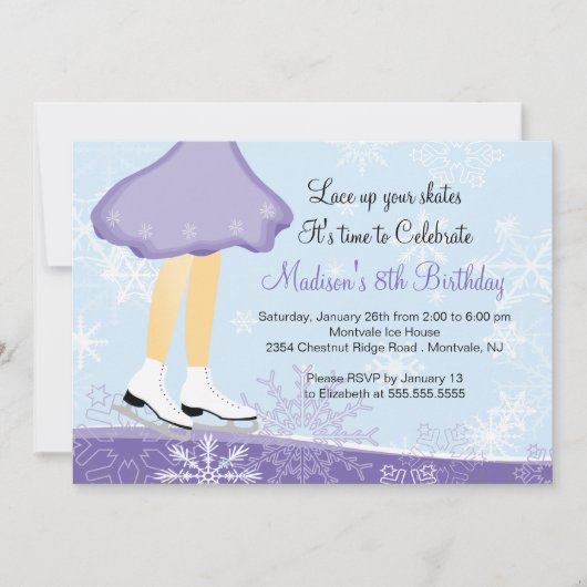 パープルアイススケートで滑る誕生日パーティーの招待 招待状 (正面)
