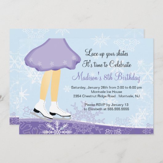 パープルアイススケートで滑る誕生日パーティーの招待 招待状 (正面/裏面)