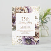 パープルアイボリーの花とゴールドのラメ 75歳の誕生日 招待状 (スタンド正面)