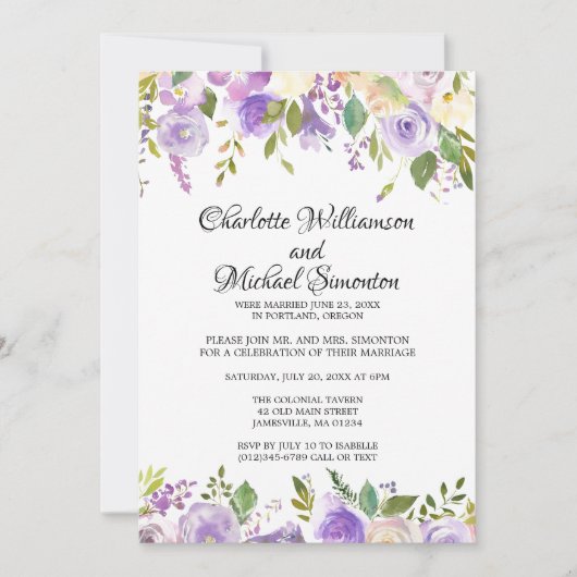 パープルアイボリーフローラエロペメント披露宴招待状 招待状 (正面)