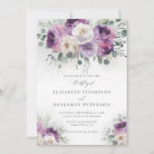 パープルアイボリーフローラユーカリプスエレガントウェディング 招待状 (正面)