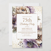 パープルアイボリーフローラル金ゴールドグリッター75th誕生日 招待状 (正面)