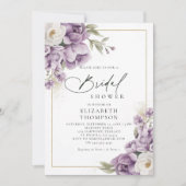 パープルアイボリー金ゴールドフローラエレガントブライダルシャワー 招待状 (正面)