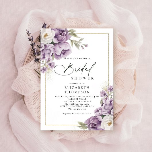 パープルアイボリー金ゴールドフローラエレガントブライダルシャワー 招待状
