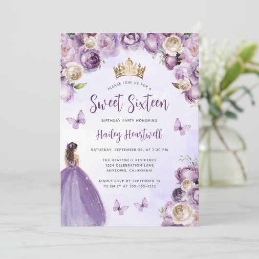 パープルアイボリー金ゴールドフローラ水の色の甘い16 招待状 (スタンド正面)