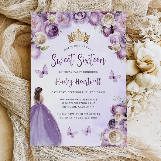 パープルアイボリー金ゴールドフローラ水の色の甘い16 招待状