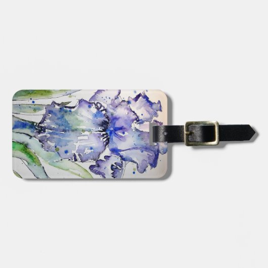 パープルアイリスアートウォーターカラー誕生日ネイビーブルー ラゲッジタグ (正面横)