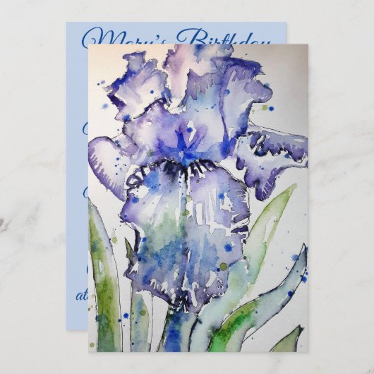 パープルアイリスアートウォーターカラー誕生日招待状 招待状 (正面/裏面)