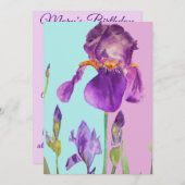パープルアイリスアート 水彩画 誕生日招待状 招待状 (正面/裏面)