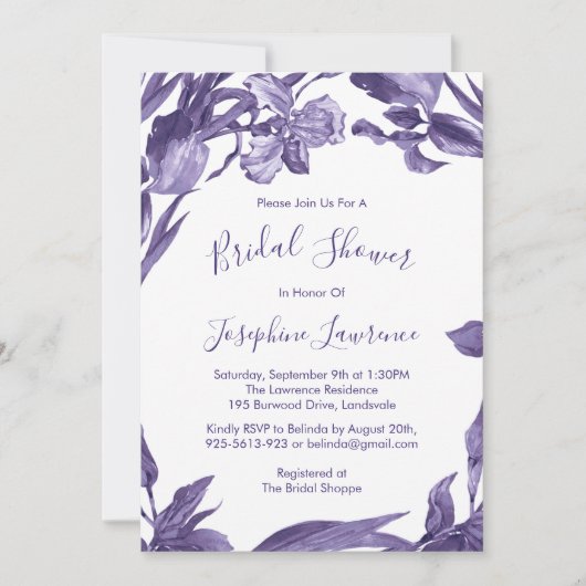 パープルアイリスウォーターカラーフラワーズブライダルシャワー 招待状 (正面)