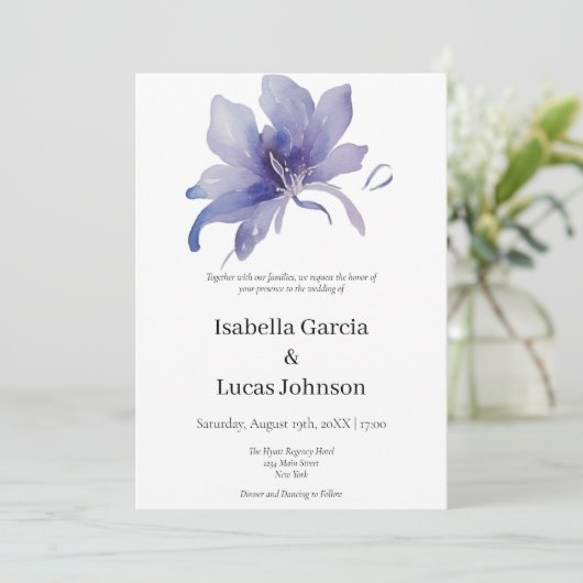 パープルアイリスウォーターカラー結婚式招待状 セーブザデート (スタンド正面)