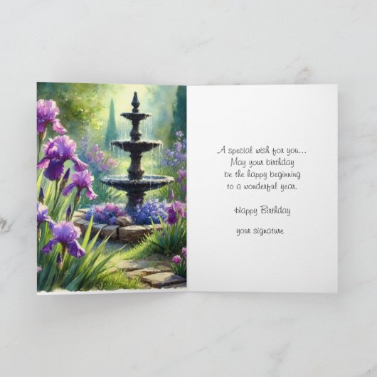 パープルアイリスハッピーバースデーグリーティングまたは春 シーズンカード (内部)