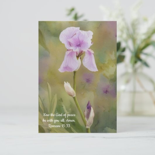 パープルアイリスフラワーアートバイブル聖句ノートカード サンキューカード (スタンド正面)