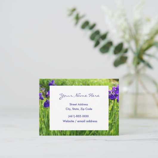 パープルアイリスフラワーガーガーデンマイティビジネスカード 名刺 (スタンド正面)