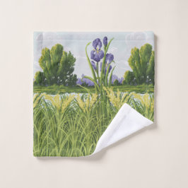 パープルアイリスフラワー+グリーンフィールドヴィンテージ植物学 ウォッシュタオル