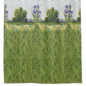 パープルアイリスフラワー+グリーンフィールドヴィンテージ植物学 シャワーカーテン (正面)