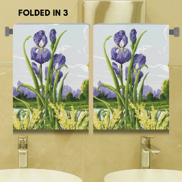 パープルアイリスフラワー+グリーンフィールド植物芸術 ハンドタオル