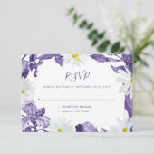 パープルアイリスホワイトデイジー水彩植物学 出欠カード (スタンド正面)