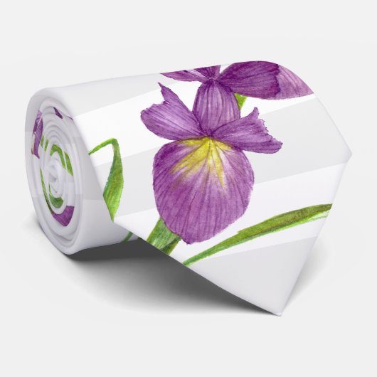 パープルアイリスボタニカルフローラグレーホワイトストライプズ ネクタイ (ロール)