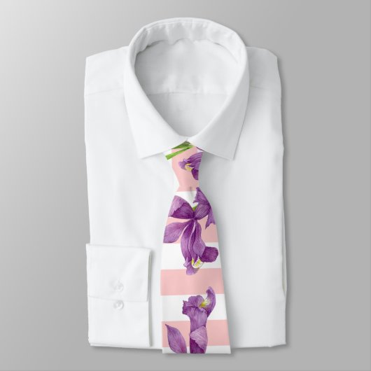 パープルアイリスボタニカルフローラピンクホワイトストライプズ ネクタイ (タイ)