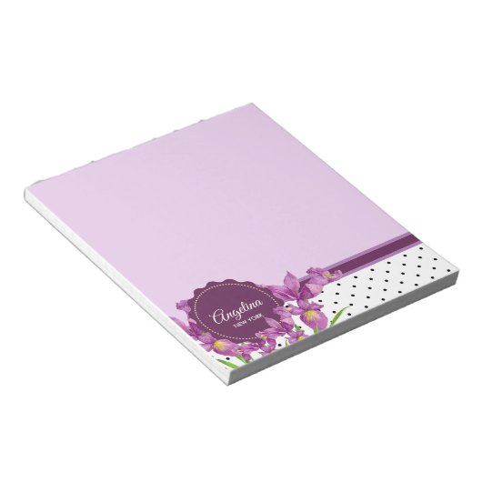 パープルアイリスボタニカルフローラ水玉模様 ノートパッド (アングル)