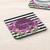 パープルアイリスボタニカル白黒ストライプパターン コースター (左側)