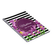 パープルアイリスボタニカル白黒ストライプパターン ノートブック (右側)