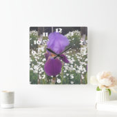 パープルアイリス アイリス 白いデイジー ガーデン フラワー スクエア壁時計 (ホーム)