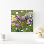 パープルアイリス アイリス 白いデイジー ガーデン フラワー スクエア壁時計 (ホーム)