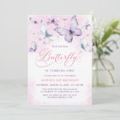 パープルアウトリトルバタフライベビーガール1st誕生日 招待状 (スタンド正面)