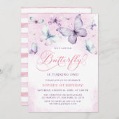パープルアウトリトルバタフライベビーガール1st誕生日 招待状 (正面/裏面)