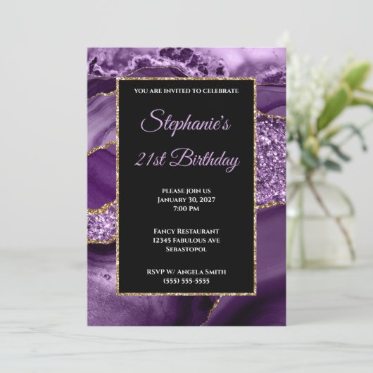 パープルアガテ金ゴールドグリッターグラム21歳の誕生日 招待状 (スタンド正面)