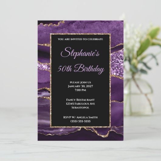パープルアガテ金ゴールドグリッターグラム50誕生日 招待状 (スタンド正面)