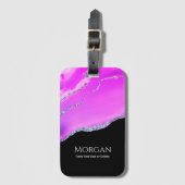 パープルアガテ、シルバーグリッター、名前&文字オンブラック ラゲッジタグ (正面縦)