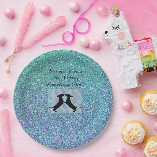 パープルアクアグラデーショングリッターダシュント紙プレート ペーパープレート (パーティー)