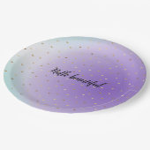 パープルアクアグラデーション金ゴールドハートパーソナライズされた ペーパープレート (アングル)