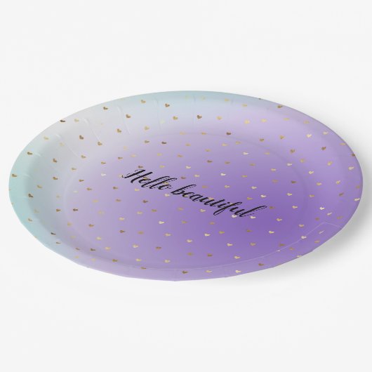パープルアクアグラデーション金ゴールドハートパーソナライズされた ペーパープレート (アングル)
