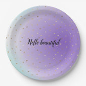 パープルアクアグラデーション金ゴールドハートパーソナライズされた ペーパープレート (正面)