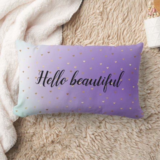 パープルアクアグラデーション金ゴールドハートパーソナライズされた ランバークッション (ブランケット)