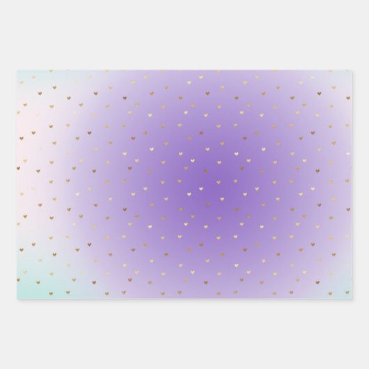 パープルアクアグラデーション金ゴールドハートラブ ラッピングペーパーシート (正面)