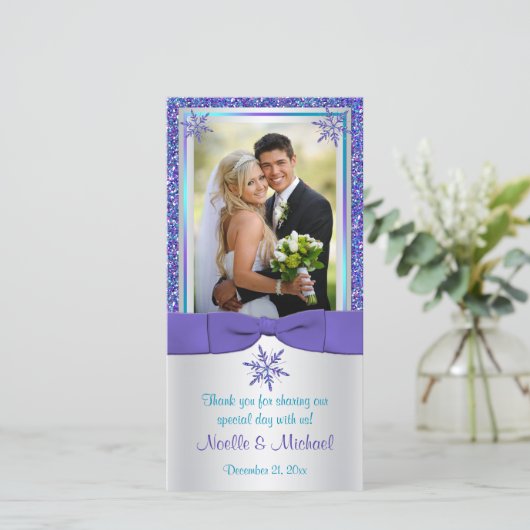 パープルアクアシルバースノー結婚スフレークの写真カード サンキューカード (スタンド正面)