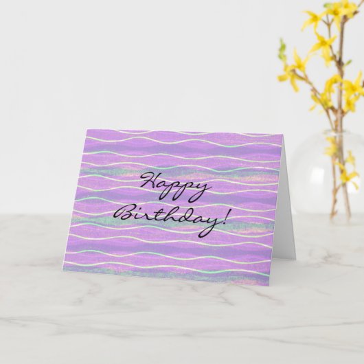 パープルアクアストライプのアート誕生日カード カード (黄色い花)